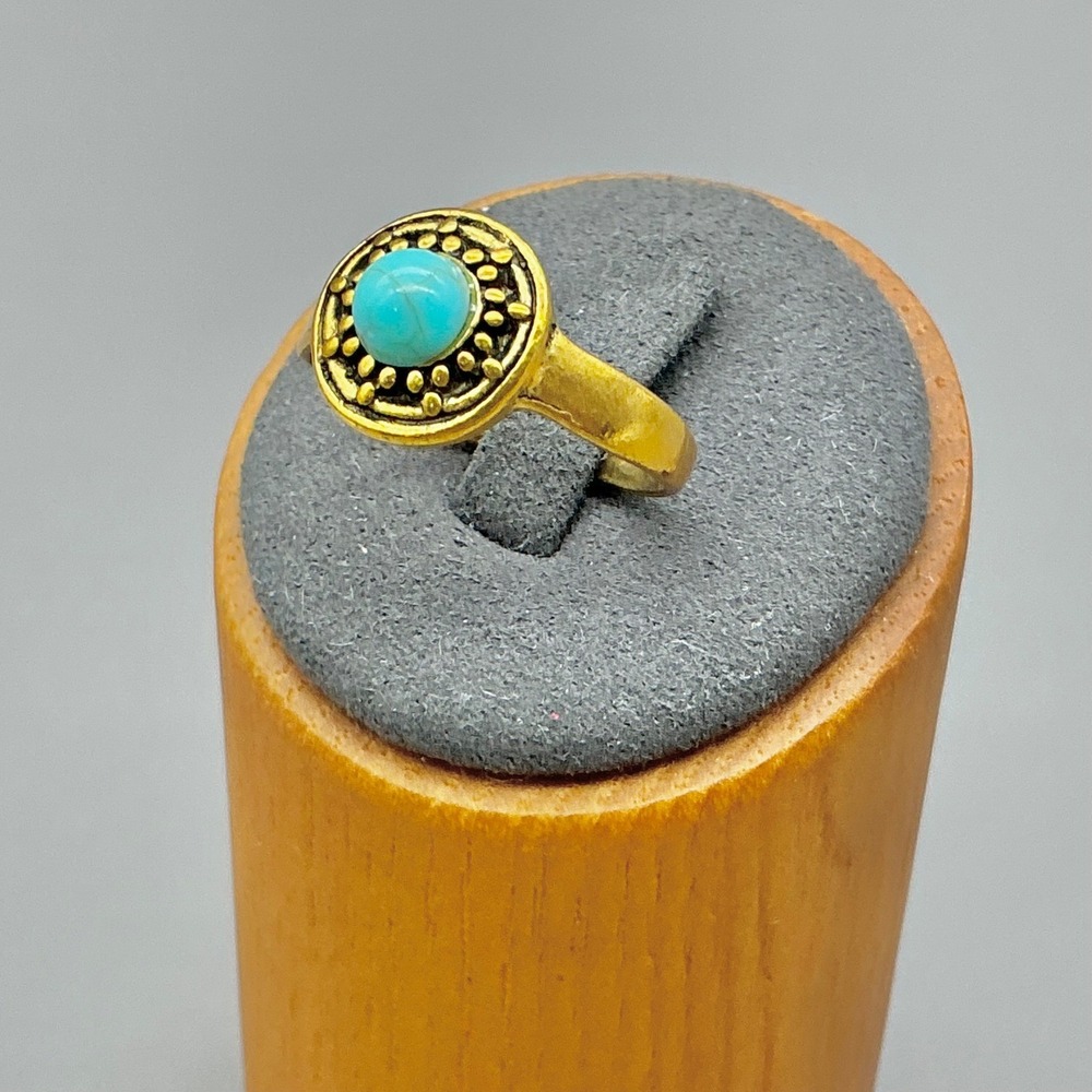 Ring Women Gold Tone Faux Turquoise Boho Etched Round Beaded Band Size 9